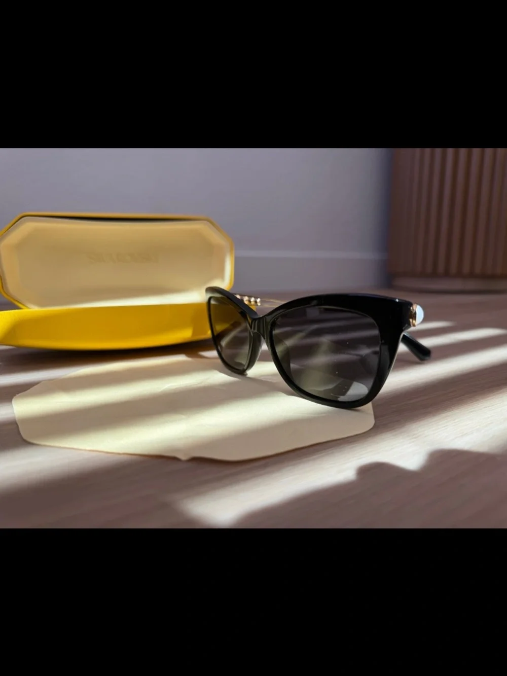 Swarovski Black Sunglasses with Gold Arms, Crystals and Pearl